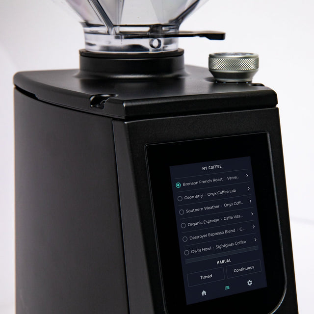 LUCCA Atom 75 Espresso Grinder in black touchscreen up close - knockout