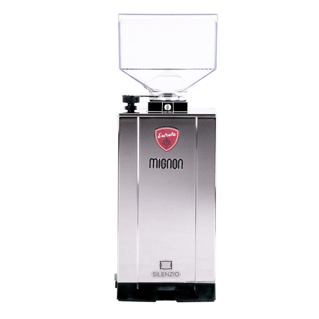 Eureka Mignon Silenzio espresso grinder, chrome, back view, from Clive Coffee, knockout